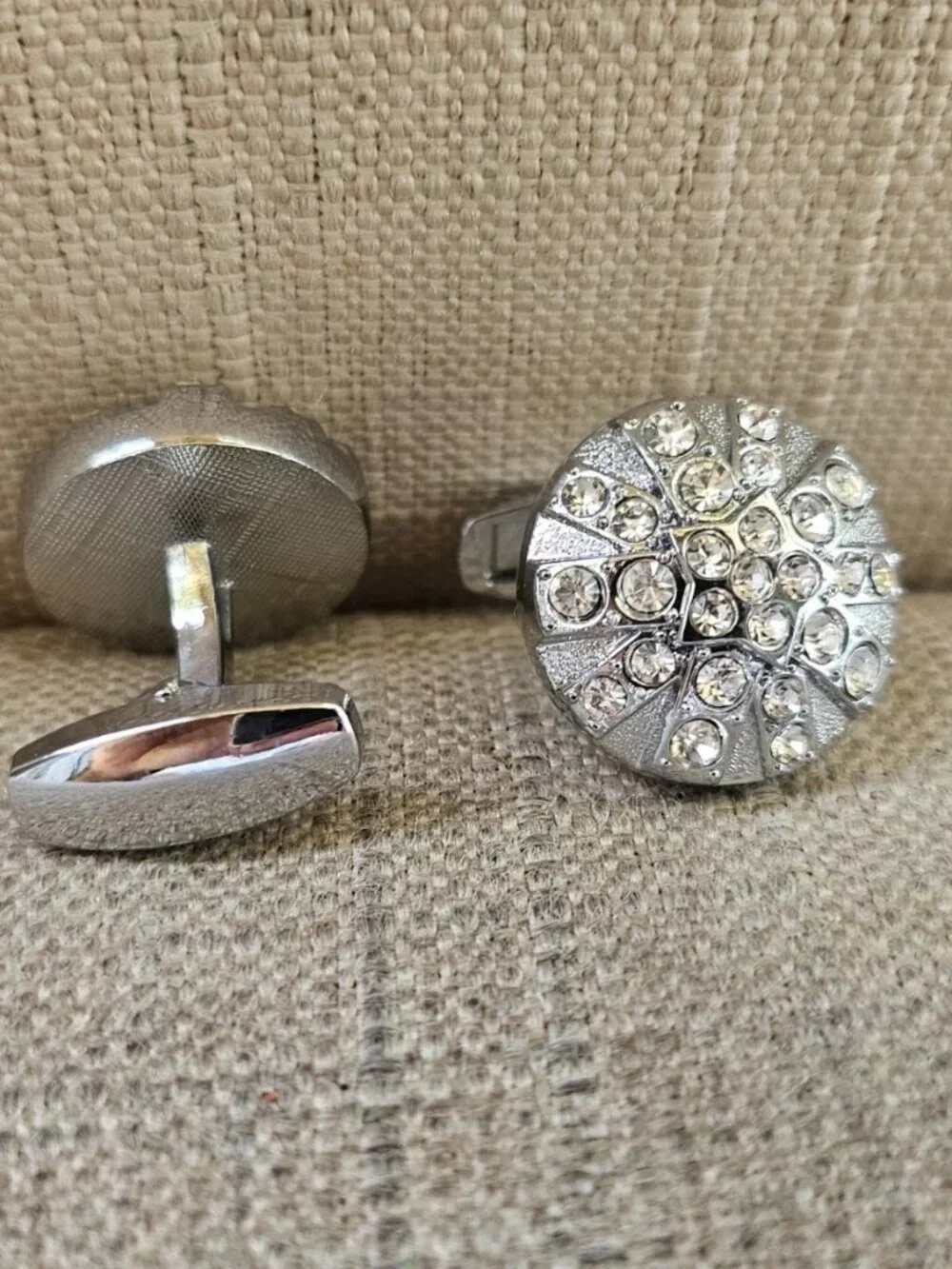 Crystals Accent Cufflinks Men Jewelry Fashion Silver Tone Stud Round Cuff Links
